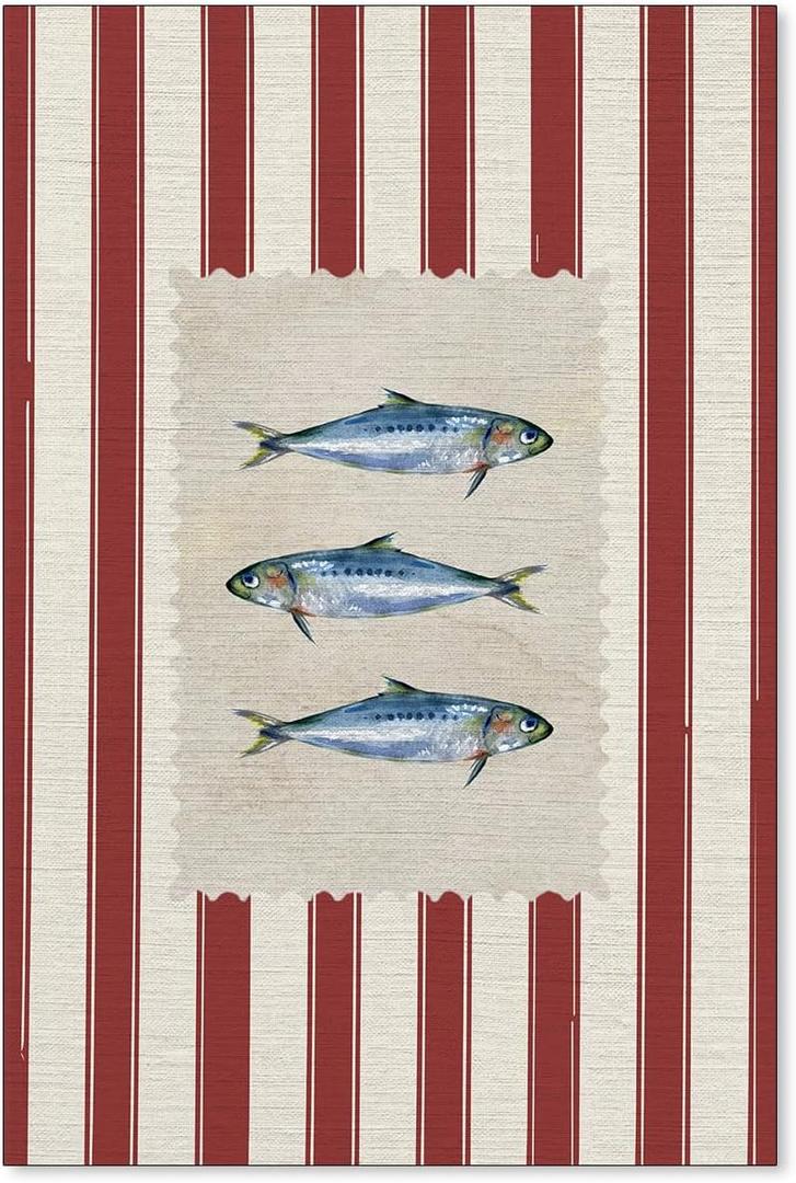 Red and White Striped Sardine Wall Art Vintage Fish Animal Poster Ocean Seafood Canvas Prints for Dining Room Kitchen Wall Decor 16X24 inch Unframed