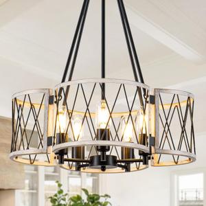 Farmhouse Chandelier, 5-Light Dining Room Light Fixture, 20.5" Rustic Drum Chandeliers Kitchen Island Lighting, White Oak Industrial Chandelier Hanging Pendant Light for Bedroom Hallway Entryway Foyer