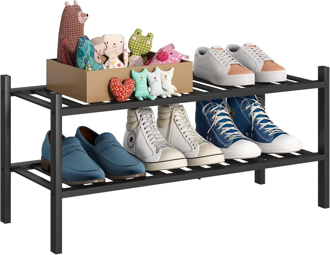 2-Tier Bamboo Small Shoe Rack Premium Stackable Shoe Shelf Storage Organizer for Hallway Closet Living Room Entryway Organizer (Black Bamboo)（27*11*12.6inches）