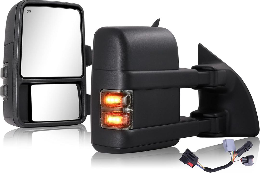 Tow Mirrors Compatible With 1999-2016 Ford F250 F350 F450 F550 Super Duty Truck Power Heated Manual Telescoping & Folding Pair LED Turn Signal Smoke