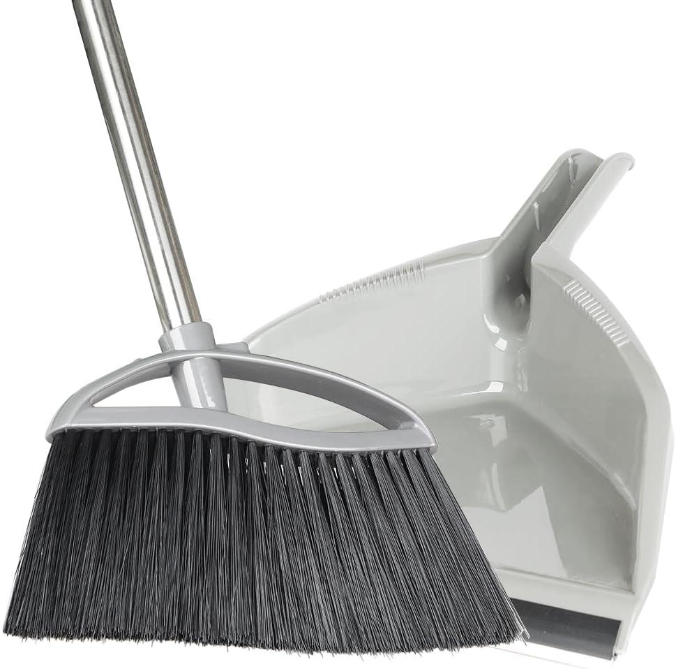 Soft Bristle Broom and Dustpan Combo Set, Long Handle Indoor Broom with Dustpan Set for Kitchen Hardwood Room Office and All Household Floor Cleaning (Gray)