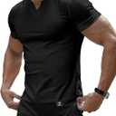 PLEPAN Mens Muscle T Shirts V Neck Short Sleeve Henley Shirt (Black, L)