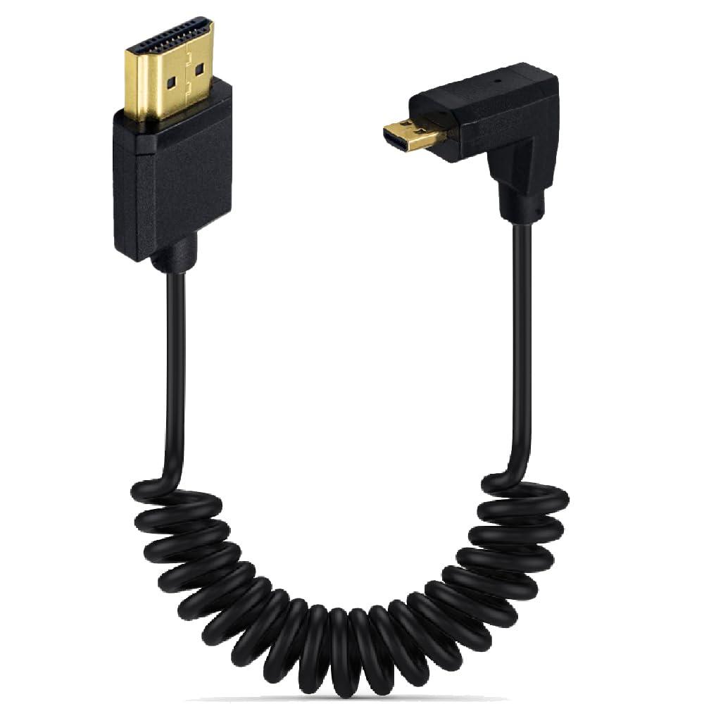 3.9 Feet Micro HDMI to HDMI 4K@60Hz Coiled Cable, Downward Angle Micro HDMI 2.0 Male to HDMI 2.0 Male High Definition Adapter Converter Spiral Spring Cord, 18Gbps High Speed