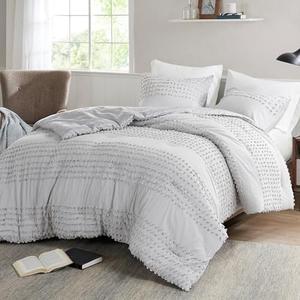 Comfort Spaces Cotton Comforter Set Jacquard Pom-Pom Tufts Design, Down Alternative, All Season Modern Bedding, Matching Shams, Twin/Twin XL, Grey 3 Piece
