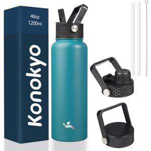 40oz Insulated Water Bottle Stainless Steel Sport Bottles with 3 Lids,Light Blue