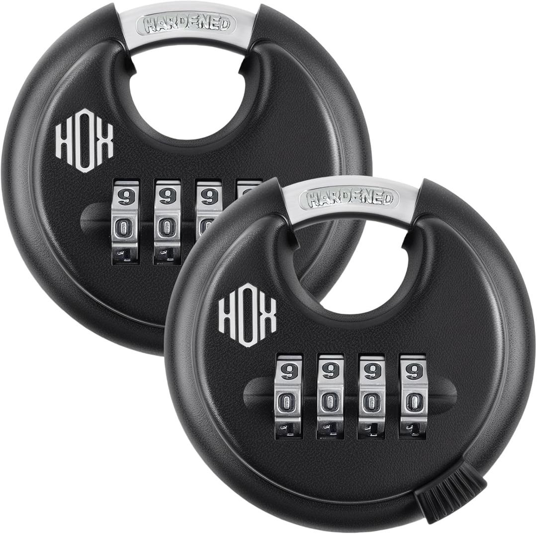 HOX Combination Lock, 4 Digit Disc Padlock with 3/8 Inch Hardened Steel Shackle, 2-3/4 Inch Zinc Alloy Wide Body, Keyless Heavy Duty Combo Lock for Hasp Latch, Sheds, Fences, Storage Locker (2 Pack)