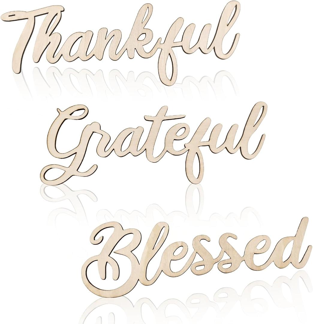 3 Pcs Thankful Grateful Blessed Wall Signs Thankful Grateful Blessed Signs for Home Decor Wooden Letter Decorations for Wreath DIY Crafts Door Hanger Wall Art Decor (Wood-Thankful)