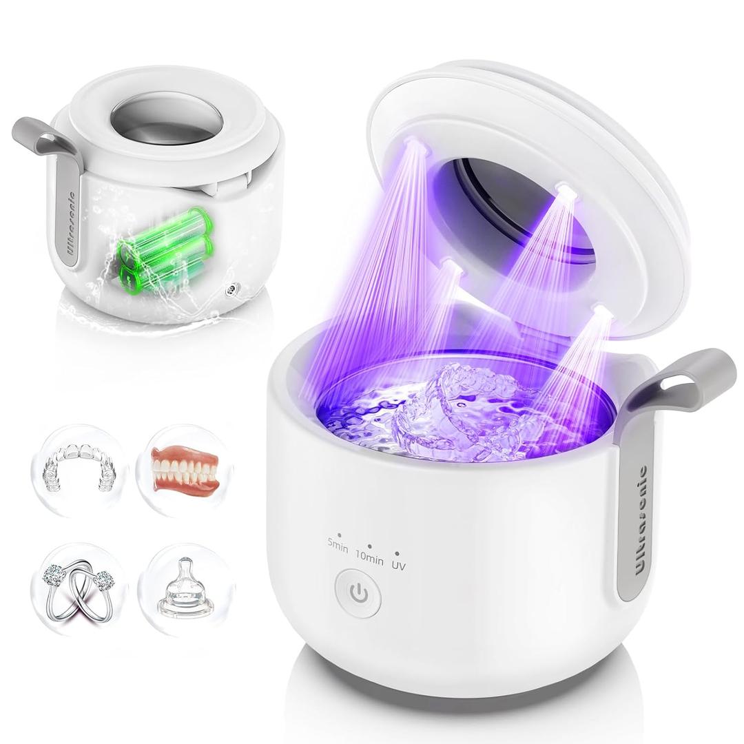 Ultrasonic Retainer Cleaner Machine: 48kHz Rechargeable Cordless Denture Cleaner - Waterproof Ultrasonic Jewelry Cleaner - 200ML Dental Cleaning Pod for Mouth Guard, Aligner, White