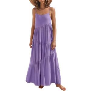 Womens Summer Dresses Loose Sleeveless Spaghetti Strap Asymmetric Tiered Maxi Dress (Large, Purple)
