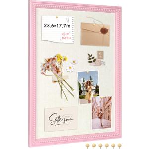 Framed Linen Bulletin Board - 18 x 24 inches Fabric Organizer Pinboard for Wall, Picture Display Vision Board, Cutecore Room Decor - Natural Linen with Pink Frame