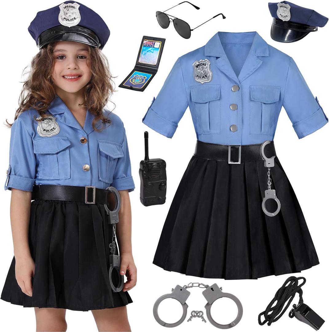 Girls Police Officer Costume Kids Cop Outfit for Halloween Party Dress Up (5-6 Years)