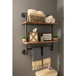 Industrial Pipe Shelving Bathroom Floating Shelves Wall Mounted, 2 Tier 24 inch Rustic Wood Shelf with Towel Bar, Farmhouse Towel Rack Bathroom Shelf Over Toilet, 9.8D x 24W x 29H in