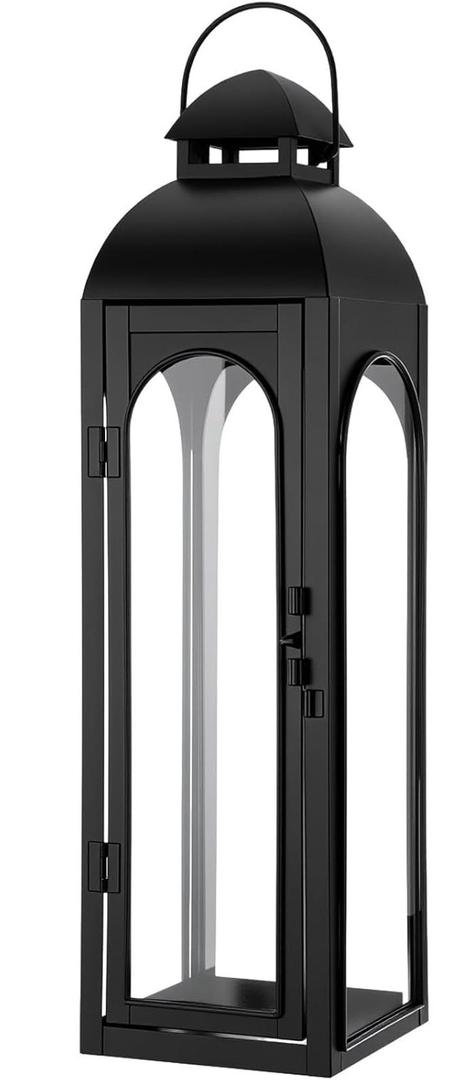 Nuogo 1 Pack 20 Inch Large Black Metal Decorative Lanterns Luxury Hurricane Modern Candle Lanterns with Clear Glass Panels for Porch Outdoor Garden Wall Hanging Patio Wedding Party Table Decoration