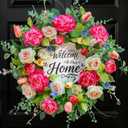 Spring Wreath for Front Door 24 Inch, Large Spring Summer Door Wreath with Artificial Peony Tulip Rose Flowers, Floral Wreath with DIY Wooden Welcome Sign for Outdoor Indoor Home Decor
