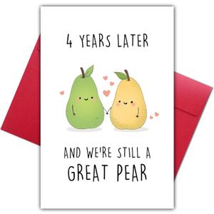 2 x Funny 4 Year Anniversary Card for Boyfriend Girlfriend, Romantic Four-Year Marriage Gifts for Couples, Cute Pear Anniversary Card Gift for Him Her