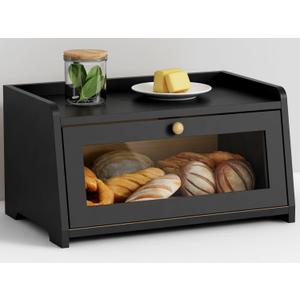 Goozii Black Bread Box for Kitchen Countertop, Small Vintage Counter Top Breadbox, Homemade Bread Storage Container for Sourdough Loaf, Farmhouse Wooden Corner Kitchen Counter Organizer for Cabinet