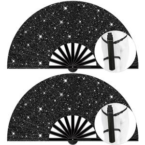 13" Large Folding Rave Fan with Holster, Clack Hand Fans Foldable for Line Dancing, Boots On The Ground Fan for Women Men Festival EDM Party Decoration, Glitter Black 2 Pack