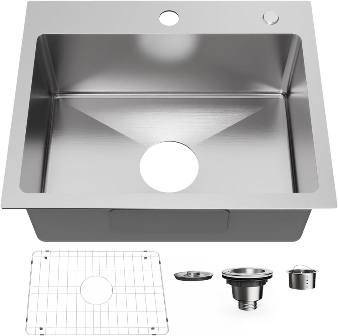 20" x 16" Drop in Kitchen Sink 304 Stainless Steel Single Bowl Topmount Kitchen Sink with Drain Kit and Bottom Grid, Brushed