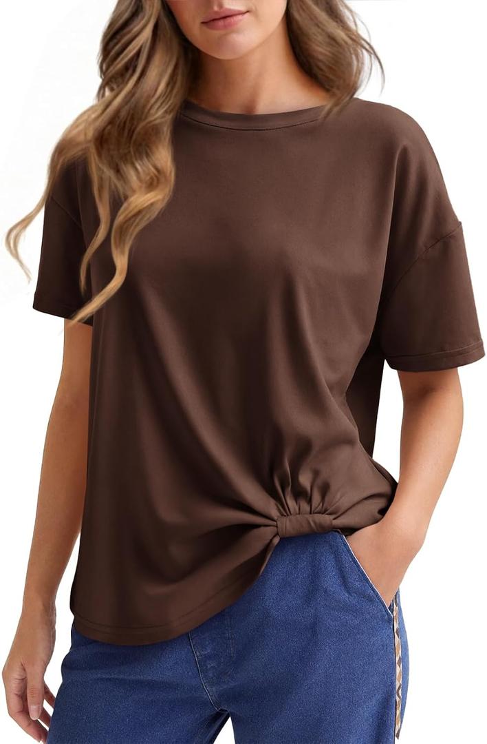 Cicy Bell Womens Summer Short Sleeve Tops Casual Crew Neck T-Shirts Loose Fit Twist Front Basic Tees Coffee (Brown, L)