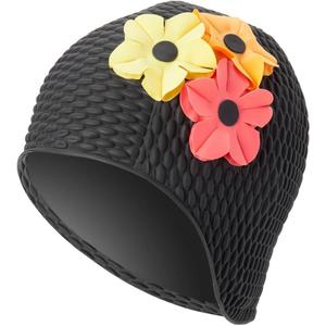 Sporti Bubble Swim Cap, Women Protection Bathing Cap, Anti-Slip Interior Grip, Made from Latex/Rubber & Keep Head Warm (Black/Mixed Flowers)