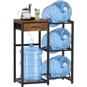 Snughome 5 Gallon Water Jug Holder, Water Jug Stand with Drawer for 4 Bottles, 5 Gal Water Bottle Holder with Wood Storage Shelf, Water Dispenser Stand Rack for Replacement Parts