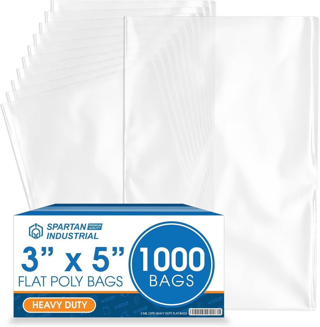 3" X 5" Open-End Flat Poly Bags (1000 Count) - 2 Mil Clear Plastic - No Adhesive Strip - For Packaging, Shipping, Storage - Spartan Industrial