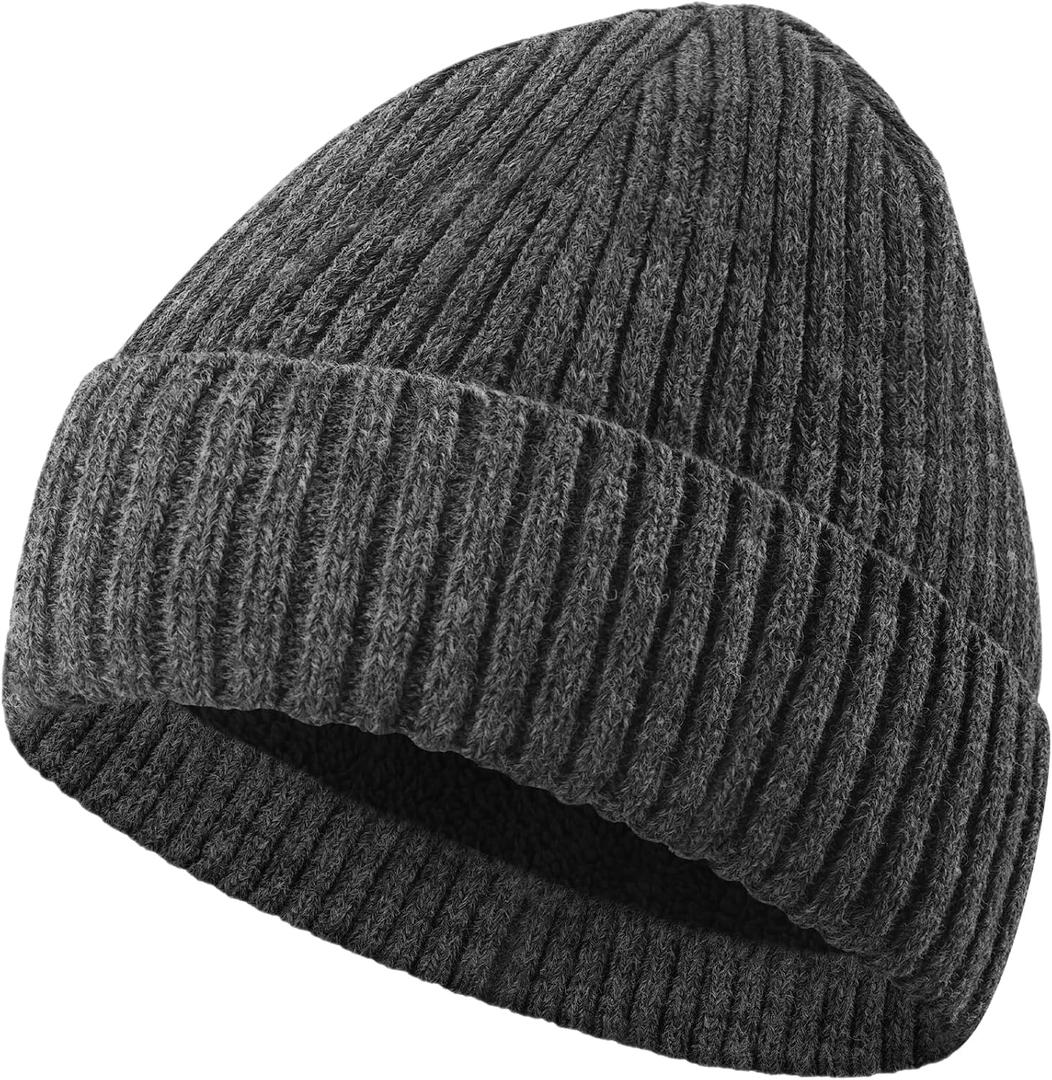 MIG4U Beanie Hat Wool Knitted Fleece Lined, Warm Soft Coral Thick Cuffed Beanie Cap, Classic Double-Layers Winter Hat (Gray)