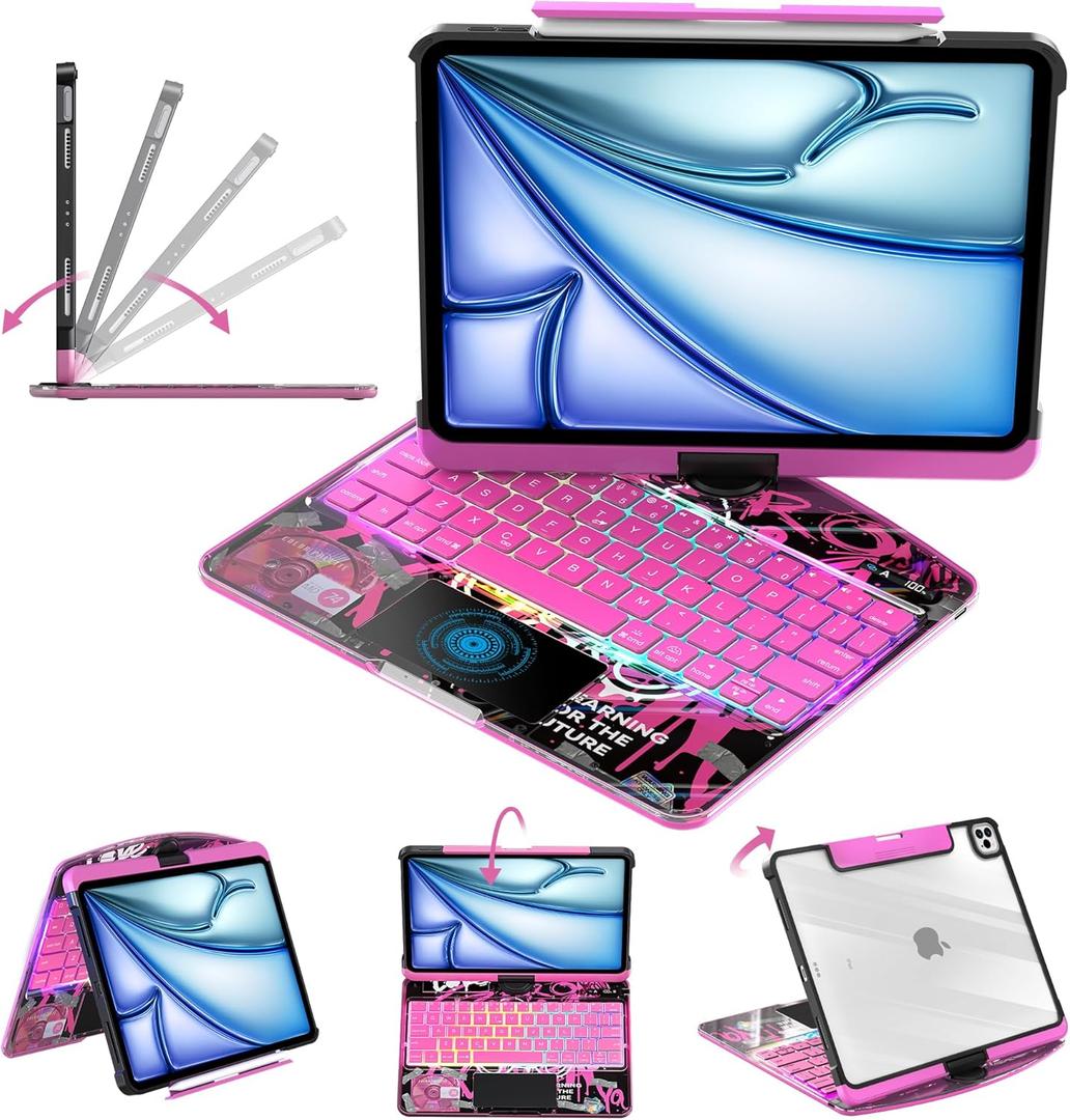 Clear Keyboard Case for iPad Air 13" (M3/M2, 2025/2024) & Pro 12.9" (3/4/5/6th Gen) 360 Swivel Multi-Touch Trackpad with Wireless Bluetooth 7-Color Backlight, Pencil Holder Pink
