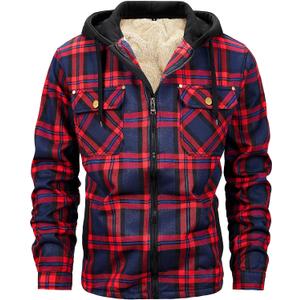Men's Winter Cotton Plaid Shirts Jacket Warm Fleece Lined Flannel Hooded Shirt Jacket Coat for Men (Red, M)