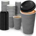 BYSNOW 100 Pack 16 oz Coffee Cups with Lids, Disposable Insulated Hot Cups To Go Paper Coffee Cups, Corrugated Ripple Wall Cup for Hot Drink, Office, Coffee Bar (Grey 16 oz)