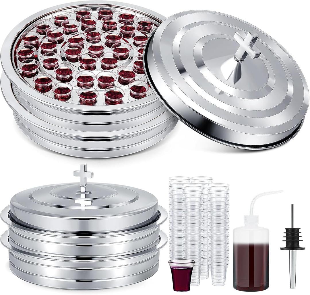 Zhehao 2 Sets Holy Communion Trays for Churches with Lid, Churches Cup Fillers, 100 Disposable Communion Cups (Silver)