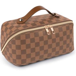 Leather Travel Makeup Bag, Large Capacity Cosmetic Bag for Women, Waterproof Portable Pouch with Divider, Toiletry Organizer with Handle, 10.5x5x5 Inches, Deep Brown