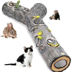 Cat Tunnels for Indoor Cats - Interactive Tree Trunk Cat Activity Play Tunnels with Peek Holes, Collapsible Pet Tube Puzzle Hunt Chase Training Center Toys for Kitten, Ferret, Small Animals (bark pattern)