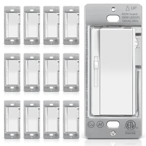 BESTTEN 12 Pack Super Slim Slide Dimmer Light Switch, Single Pole or 3 Way Dimmer Switches, Compatible with LED Dimmable Lamp, CFL, Incandescent, Halogen Bulb, ETL Listed, White