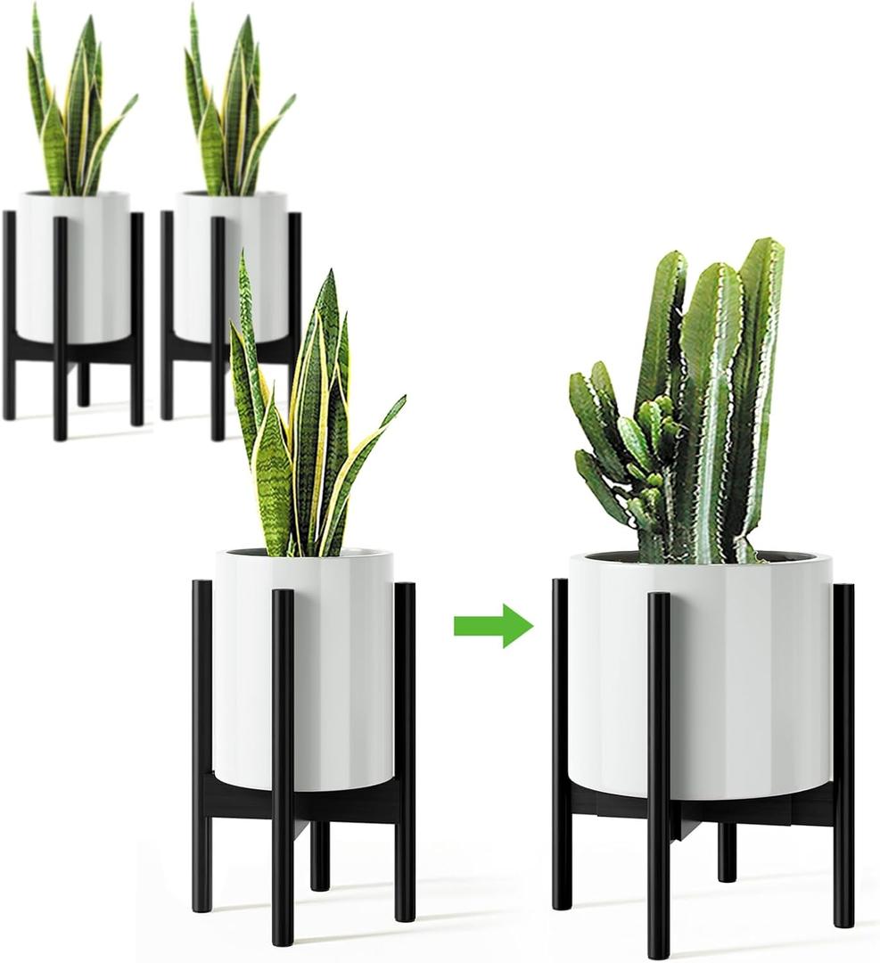 MUDEELA 2 Pack Adjustable Plant Stand for Indoor, Bamboo Plant Stand for 8 9 10 11 12 Inches Pot, Single Tier Flower and Planter Holder Floor Stand, Pot Not Included, Black, Mid Century Modern Style