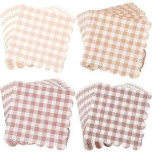 240 Pcs Scalloped Cocktail Napkins Bulk 5 x 5 Inch Gingham Plaid Paper Napkins Disposable Gradient Color Decorative for Wedding Birthday Bridal Anniversary Party Supplies(Khaki)