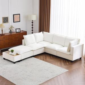 Merax Modern 90" U-Shaped Chenille Sectional Sofa Set, Modular Sofa Couch with a Movable Ottoman, a Coffee Table with Hidden Charging Devices for Living Room, White