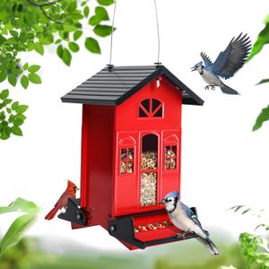 Bird Feeder Squirrel-Proof Outside: Country House Series for Hanging - Metal - 5LBs Seed - Weight-Activated for Outdoors - Large Capacity and Red