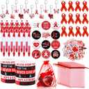 122 Pcs Ribbons Awareness Accessories Includes Ribbons Bracelets Stickers Pins Pens Keychain for School Charity Fundraiser Public Activities Supplies(Red Ribbon,Red)
