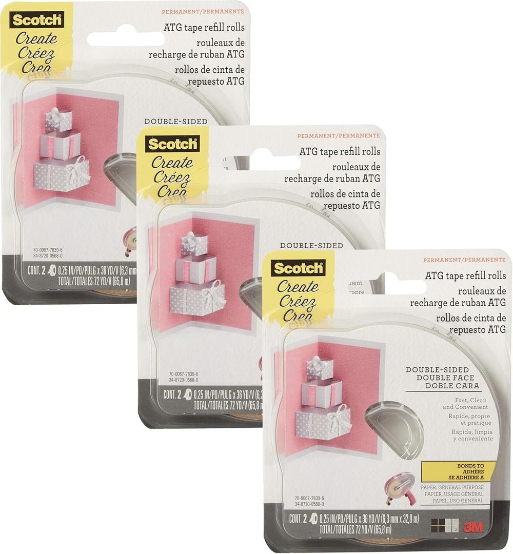 Scotch Advanced Tape Glider Refill Rolls, 1/4 Inch x 36 Yards  (3 Pack, 2 Rolls per Pack) Double-Sided Adhesive for ATG 714 Glider, Scrapbooking & Crafts