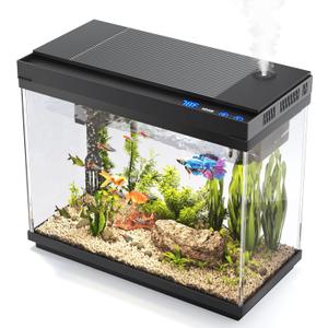 Fish Tank, 2.4 Gallon Fish Aquarium, Fish Tank Starter kit with Smart Humidifier, Temperature Display, 7-Color Lighting, 3 in 1 Quiet Pump with Filteration & Oxygenation & Circulation (Black)