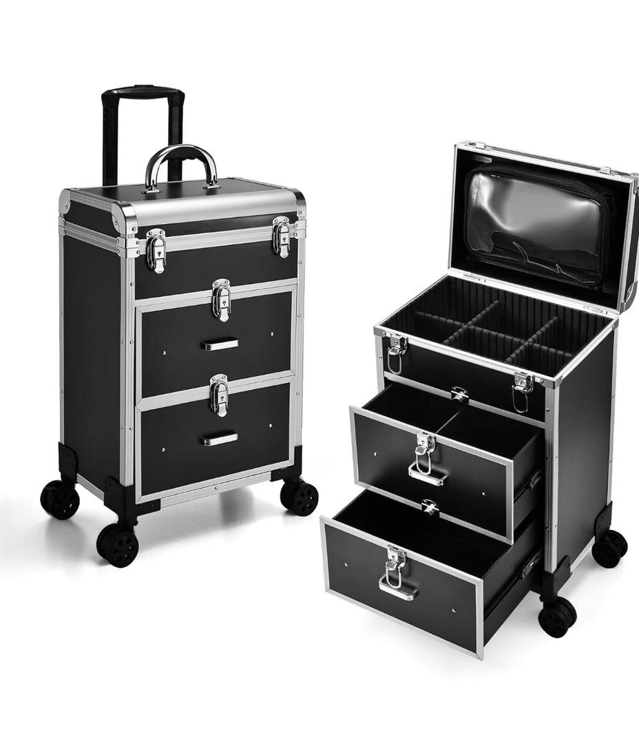 Adazzo Professional Rolling Makeup Train Case with Drawers, Large Cosmetic Trolley with Locks, Cosmetics Storage Organizer Make up Case for Travel Makeup/Nail Art/Hair Styling, Matte Black