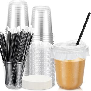 50 Pack 14 oz Clear Plastic Cups with Lids and Straws, Includes Paper Lid Liners, Disposable Crystal Iced Coffee Cups with Lids for Coffee Smoothie, Milkshake, Cold Drinks (black)
