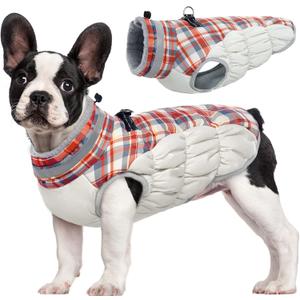 FUAMEY Dog Coat for Small Dogs,Waterproof Dog Winter Jacket with Harness Built in Puppy Cold Weather Coats Reflective Pet Vest with Zipper Warm Fleece Dogs Snowsuit Windproof Red Plaid S