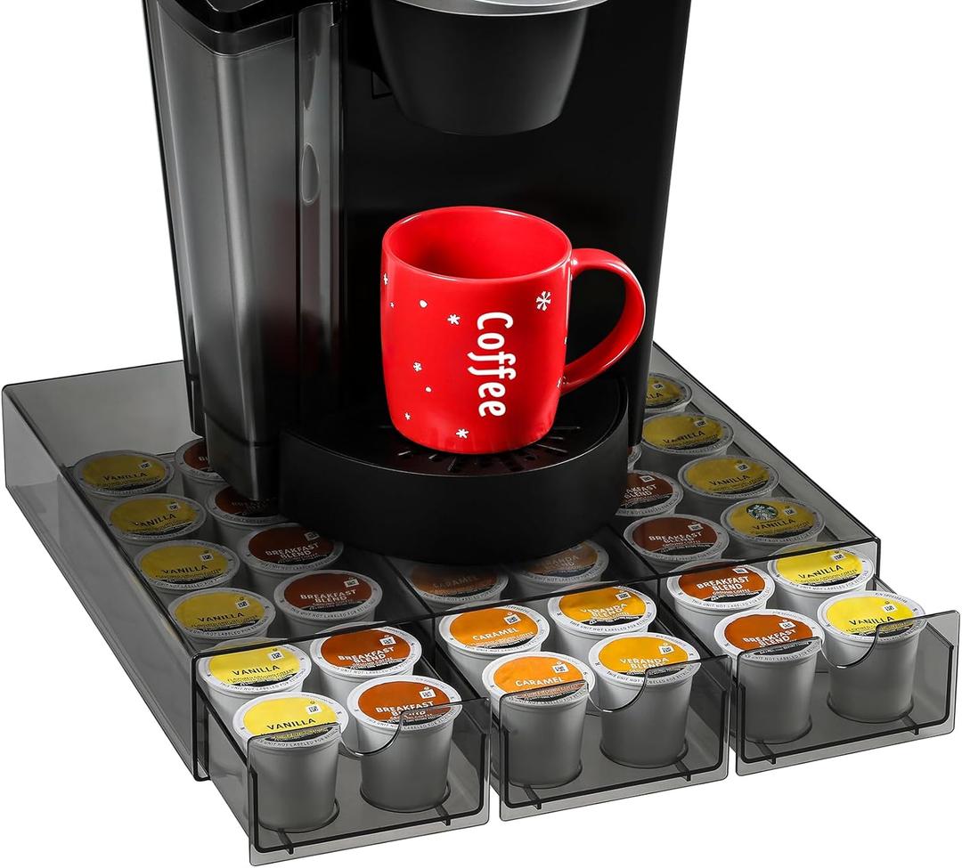 Sturdy Acrylic Coffee Pod Holder Organizer for K Cup, Under Brewer Sliding Drawer for K-cup, 36 Pods Storage for Kpods - Coffee Accessories for Keurig/Other Coffee Maker on Counter, Clear Black