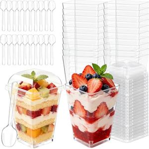100 Pack 5oz Plastic Dessert Cups with Lids and Spoons, Mini Clear Yogurt Parfait Cups, Small Dessert Shooter Serving Cups, Square Appetizer Cups for Fruit Pudding Ice Cream Tasting Party Supplies