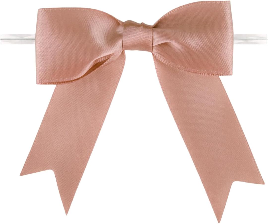 Meseey 50 Pcs 5 Inches Twist Tie Satin Ribbon Bows Pretied Premade Craft Bows for Treat Bags Gift Wrapping Basket Wedding Baby Shower Brithday Christmas Party (Rose Gold)