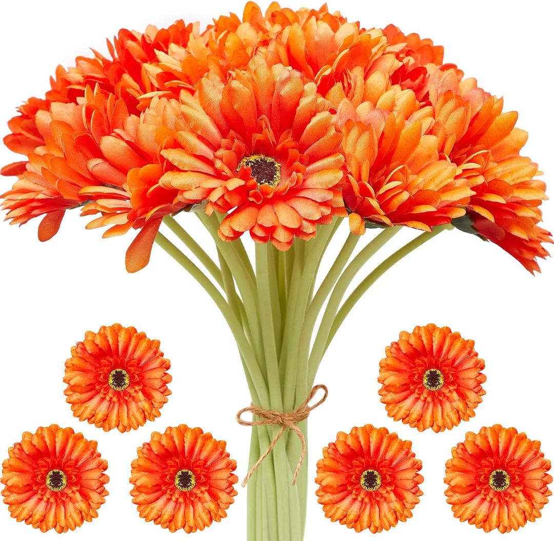 20 Pcs Orange Gerbera Daisy Faux Artificial Daisies Flower Bouquet Fake African Daisy Flower for Wedding Bridal Bouquet Party Home Kitchen Table Centerpiece (Orange)
