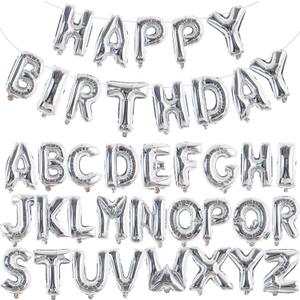 TONIFUL 65 Pcs 16 Inch Silver Happy Birthday Balloons and 2 Sets AZ Foil Letters Balloons DIY Personalized Phrase Banner for Birthday Celebration Halloween Thanksgiving Christmas Party Decorations