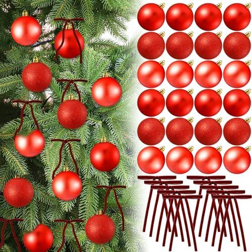 Liliful 30 Pcs Red 2.36'' Christmas Balls Ornaments with 30 Pcs Velvet Bows for Christmas Tree Shatterproof Plastic Hanging Ornaments Decorations for Holiday Wreath Indoor Outdoor Party Decor